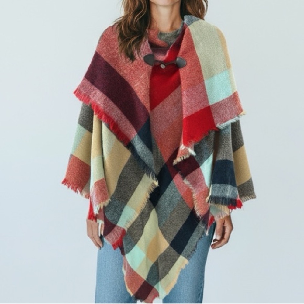 ๐ (ANY 2/$30) AS IS. GRACE & LACE Plaid Poncho Fringe Edges Toggle Closure